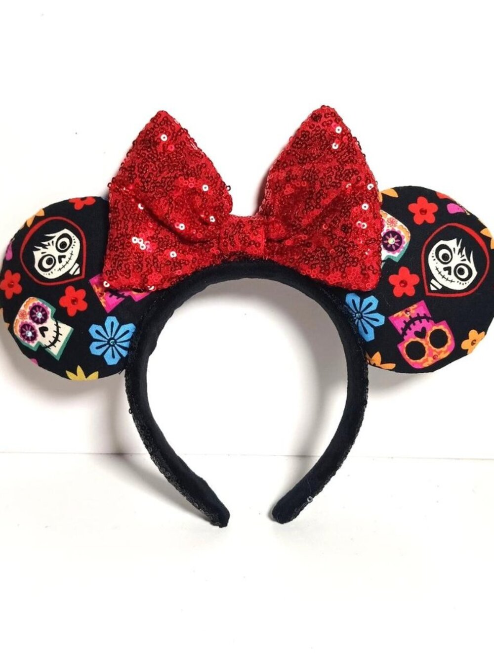 Disney Coco Miguel Sugar Skull Minnie Mouse Ears Headband Red Sequin Bow